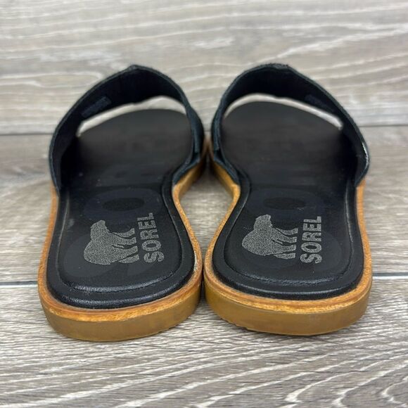 Sorel Ella II Block Women’s Sz 8 Black Leather Slip On Open Toe Slide Sandals - Picture 4 of 11